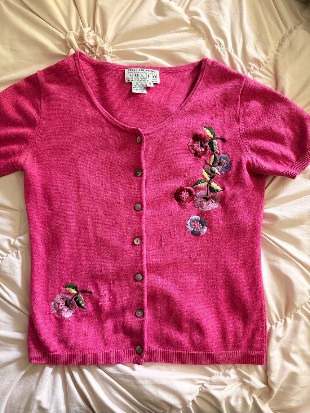 Vintage Saks Fifth Avenue Pink Cardigan with Floral & Beaded Details
